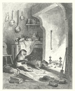 La Fontainen sadut: Fontaine: Apina ja kissa (kaiverrus). tekijältä Gustave Dore
