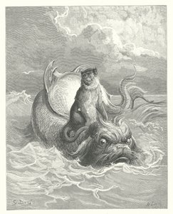 La Fontainen sadut: Fontaine: Apina ja delfiini (kaiverrus). tekijältä Gustave Dore