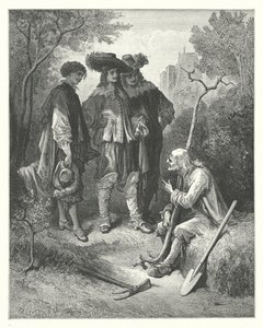 La Fontainen sadut: Fontaine: Vanhus ja kolme nuorta miestä (kaiverrus). tekijältä Gustave Dore