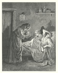 La Fontainen sadut: Fontaine: Vanha nainen ja hänen palvelijansa (kaiverrus). tekijältä Gustave Dore