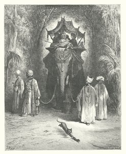 La Fontainen sadut: Fontaine: Rotta ja norsu (kaiverrus). tekijältä Gustave Dore