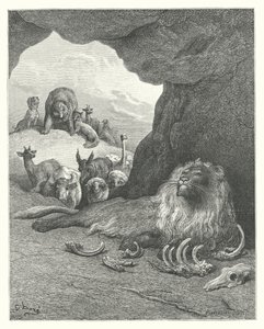 La Fontainen sadut: Fontaine: Sairas leijona ja kettu (kaiverrus). tekijältä Gustave Dore