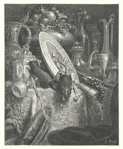 La Fontainen sadut: Fontaine: Kaupunkirotta ja maalaisrotta (kaiverrus). tekijältä Gustave Dore