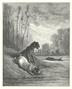 La Fontainen sadut: Fontaine: Kaksi koiraa ja kuollut aasi (kaiverrus). tekijältä Gustave Dore