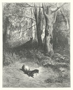 La Fontainen sadut: Fontaine: Kaksi rottaa, kettu ja muna (kaiverrus). tekijältä Gustave Dore