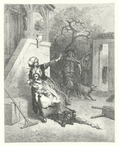 La Fontainen sadut: Fontaine: Susi, äiti ja lapsi (kaiverrus). tekijältä Gustave Dore