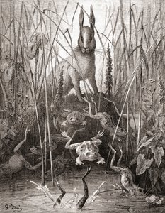 Jänis ja sammakot, 1800-luvun lopun Fables de La Fontainen painoksesta (puukaiverrus)