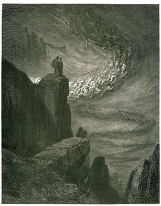 Dante Alighierin helvetti (jumalallinen näytelmä), kuvittanut Gustave Dore. Ranskankielinen painos vuodelta 1861. "Helvetin myrsky, joka ei koskaan jää/jättää henget ryöstönsä kanssa. (Helvetin hurrikaani, joka ei koskaan pysähdy, vetää henkiä pyörteeseens tekijältä Gustave Dore