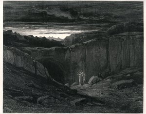 Dante Alighierin helvetti (Divine Comedie) Gustave Doren kuvittamana. Ranskalainen painos vuodelta 1861. Dante ja Vergilius Helvetin sisäänkäynnillä:" Lasciate ogni speranza, voi che 