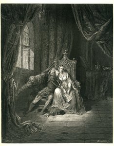 Gustave Doren kuvittama Dante Alighierin helvetti (Divine Comedie). Ranskalainen painos vuodelta 1861. Francesca da Rimini ja hänen rakastajansa: "Quel giorno piu non vi leggemo avante. (Tänä päivänä emme lue pidemmälle)", laulu 5. v. 138. tekijältä Gustave Dore