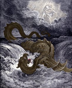 Leviathan, merihirviö, joka muistuttaa Raamatussa mainittua merikäärmettä. Gustave Doren kuvituksia Raamatusta. Kaiverrus 1800-luvulta. tekijältä Gustave Dore