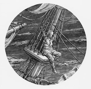 Mariner korkealla laivan kakassa, kohtaus S.T.:n The Rime of the Ancient Mariner -elokuvasta Coleridge, julkaisija Harper und Brothers, New York, 1876 (puukaiverrus) tekijältä Gustave Dore