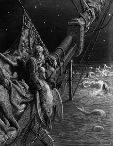 Merimies katselee käärmeitä valtameressä, kohtaus S.T.:n teoksesta The Rime of the Ancient Mariner. Coleridge, julkaisija Harper und Brothers, New York, 1876 (puukaiverrus) tekijältä Gustave Dore
