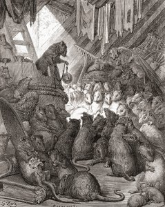The Mice in Council, joka tunnetaan myös nimillä "Belling the Cat" ja "The Bell and the Cat", 1800-luvun lopulla julkaistusta Fables de La Fontainen (puukaiverrus) painoksesta. tekijältä Gustave Dore