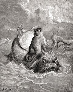 Apina ja delfiini Gustave Doren La Fontaine -satua varten tekemän teoksen mukaan. Teoksesta Life and Reminiscences of Gustave Dore, julkaistu 1885. tekijältä Gustave Dore