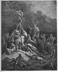 The brazen käärme - "" The brazen käärme"" - Exodus-kirja (nahash), Mooseksen sauvan muuttaminen käärmeeksi - Mooses ja jyrkkä käärme - - kaiverrus Gustave Doren "The Bible illustree" -kirjaan ( 1832-1883) - Kaiverrus "" Dore Bi -kirjasta tekijältä Gustave Dore