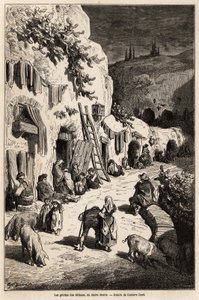 Mustalaisten luolat (maanalaiset talot) Sacro Montessa, Granadassa. Gustave Doren (1832-1883) piirros havainnollistaa hänen matkaansa Espanjaan vuonna 1862, mukana Ch.Davillier. Kaiverrus kirjassa "" Le tour du monde", toimittanut Edouard Charton tekijältä Gustave Dore