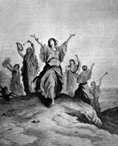 Israelin tuomarin Jeftan tytär meni isäänsä vastaan. Kuvitus Gustave Doré. Kaiverrus 1800-luvulta. tekijältä Gustave Dore
