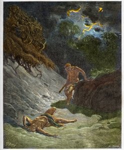 Abelin kuolema - Kainin Abelin murha - kaiverrus Gustave Doren (1832-1883) "The Bible illustree" -kirjaan - Kaiverrus "" Dore Biblesta"" tekijältä Gustave Dore