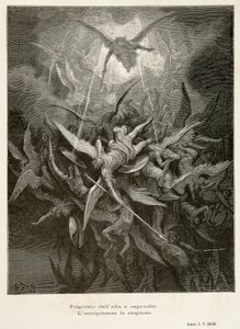 Enkelten lankeemus, kohtaus John Miltonin (1608-1674) teoksesta Kadotettu paratiisi, Gustave Doren (1832-1883) kuvitus. tekijältä Gustave Dore