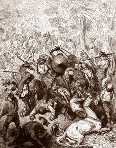 Taistelu Gustave Doren (1832-1883) Yanguas-kaiverruksen muleteerejä vastaan Miguel de Cervantesin (1547-1616) "The Ingenieux Hidalgo Don Quixotte de la Manche (Quixotte - Quijote)" 1863 Yksityinen kokoelma tekijältä Gustave Dore