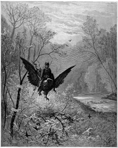 Hippogriff, johon ritari Ruggiero (Roger, Ruggero) kiipeää, saapuu nauravalle seudulle - Gustave Doren kaiverrus, joka kuvittaa Ludovico Arioston (1474-1533) dit l