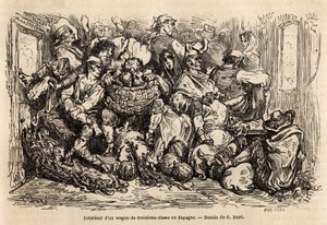Kolmannen luokan vaunun sisustus Espanjassa, Gustave Doren (1832-1883) piirustus havainnollistamaan hänen matkaansa Espanjaan C. Davillierin kanssa vuonna 1862. Kaiverrus kirjaan "" Le tour du monde ", toimittanut Edouard Charton tekijältä Gustave Dore