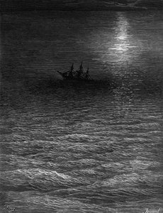Kuun valaisemassa meressä oleva karilleajettu laiva, kohtaus S.T. Coleridgen teoksesta "The Rime of the Ancient Mariner", julkaissut Harper und Brothers, New York, 1876 (wwod-kaiverrus). tekijältä Gustave Dore