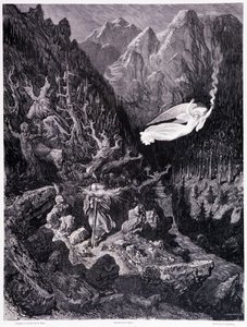 Vihamielisessa maisemassa kävelevän vanhan miehen, jolla on kukkaro ja keppi kävelemässä, ylittää tulinopeudella heiluttava enkeli, levy VII - Gustave Doren (1832-1883) kuvitus, Pierre Dupontin La legende du Jew vaelteleva, Edition Librairie du magasin p tekijältä Gustave Dore