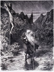 Vaeltava juutalainen ohimennen lähellä Golgatata - Gustave Doré, Kuvakauniin kirjakaupan "Legenda vaelvasta juutalaista" tekijältä Gustave Dore