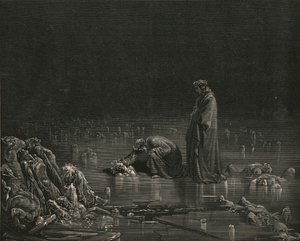 Sitten tarttuin hänen hiuspohjaansa ja huusin: Nimeä sinua, tai ei hiukset jää tänne, c1890. tekijältä Gustave Dore