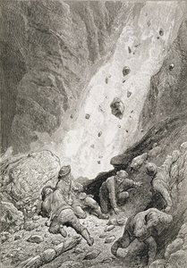"He näkivät massaa kiviä, lohkareita ja kiviä, Dart Round the Corner", Edward Whymperin (1840-1911) "Matterhornin nousu", julkaistu 1860-80-luvulla tekijältä Gustave Dore