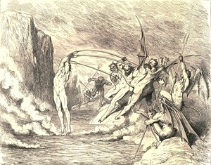 Tämän mukaan he tarttuivat häneen yli sadalla koukulla, c1890. tekijältä Gustave Dore