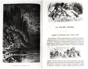 Kaksi kuvitettua sivua Honore de Balzacin (1799-1850) Les Contes Drolatiquesista, kaiverrettu Heliodore Joseph Pisan (1822-90) tekijältä Gustave Dore