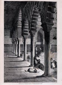 Näkymä Alcazarin suurelle patiolle Sevillassa - kirjoittanut Doré, "" Tour du Monde "", 2. sem. 1866. tekijältä Gustave Dore