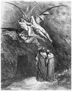Vergilius (70-19 eKr.) Dante ja erinialaiset, kuvitus Dante Alighierin (1265-1321) teoksesta 