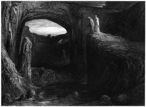 Vergilius (70-19 eKr.) ja Dante astumassa helvettiin, kuvitus Dante Alighierin (1265-1321) Pariisin jumalallisesta komediasta (Inferno), julkaistu 1885 tekijältä Gustave Dore