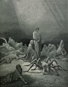 Vergilius (70-19 eKr.) ja Dante katselemassa hämähäkkinaista, kuvitus Dante Alighierin (1265-1321) Pariisin jumalallisesta komediasta (Inferno), julkaistu 1885 tekijältä Gustave Dore