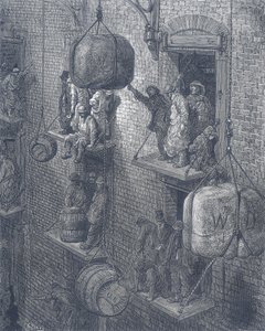 Varastot Lontoon kaupungissa. Gustave Dorelta ja Blanchard Jerroldilta Lontoosta: A Pilgrimage London 1872. tekijältä Gustave Dore