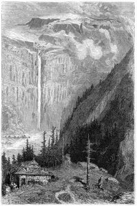 Cirque de Gavarnien vesiputous majatalosta katsottuna: Gustave Doren kaiverrus, joka kuvittaa Hippolyte Tainen kirjaa "Voyage aux Pyrenees", Hachette 1860. tekijältä Gustave Dore