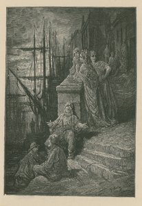 Watermanin perhe portaat Thames-joen rannalla tekijältä Gustave Dore