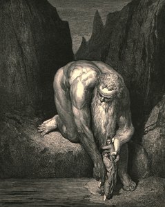 Mutta kuiluun, tuo Lucifer Juudaksen kanssa nielaisi alas, hän asetti meidät kevyesti, 1890. tekijältä Gustave Dore