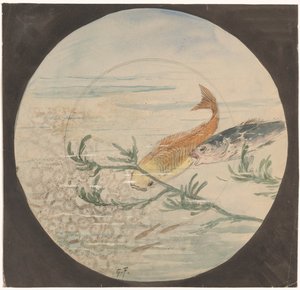 Suunnittelu kyltille, jossa keltainen ja sininen kala ui alas tekijältä Gustave Fraipont (signed by artist)