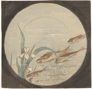 Suunnittelu lautaselle, jossa neljä ruskeaa kalaa ui ylöspäin lähellä valkoista iiristä tekijältä Gustave Fraipont (signed by artist)