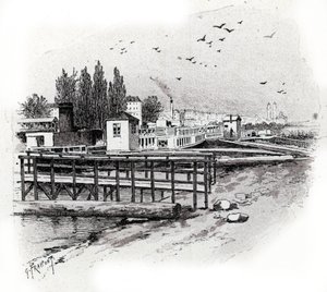 Vesibussien (työmatkaveneiden) korjaustyöpajat Seine-joella Pariisissa Gustave Fraipontin (1849-1923) piirustus Saint Judgesin teoksesta "La seine a travers Paris" tekijältä Gustave Fraipont