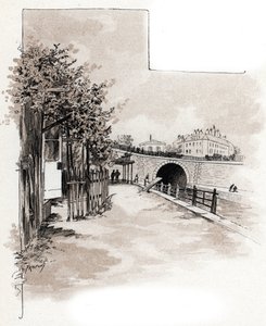 Tullitoimipaikka quai de Valmylla, Canal Saint-Martin, Pariisi Gustave Fraipontin (1849-1923) piirros on Saint-Juirsin "La seine a travers Paris" tekijältä Gustave Fraipont