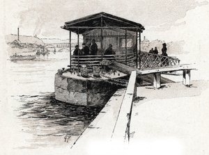 Embarcadere des Bateaux-mouches (Bateaux-mouches) sur la Seine, Pariisi (Näkymä Seine-joen turistivenelaiturille, Pariisi) Gustave Fraipontin (1849-1923) piirros on peräisin Saint-Juirsin teoksesta La seine a travers Paris ” tekijältä Gustave Fraipont