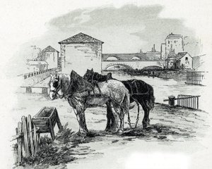 Horses de haulage, quai de la Gironde, Villette (Hevoset, joita käytetään veneiden hinaamiseen Saint-denis-kanavalla, quai de la gironde, Villette Paris) Gustave Fraipontin (1849-1923) piirustus Saint-Juirsista tekijältä Gustave Fraipont