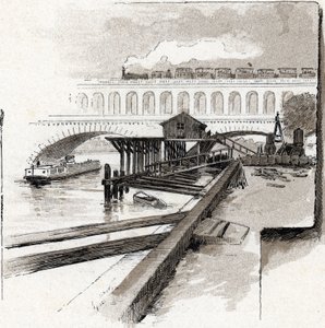 Le viaduct du point du Jour, Boulogne-Billancourt (näkymä Point du jour -alueen maasiltasillalle, Boulogne Billancourt) Gustave Fraipontin (1849-1923) piirustus Saint-Juirsista tekijältä Gustave Fraipont