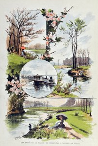 Marnen reuna: Charentonista Nogentiin vuonna 1887. Gustave Fraipontin kuvitus (1849-1923) Kaiverrus vuodelta 1887 “” Paris-Illustrous Journal Weeklyssä””. tekijältä Gustave Fraipont